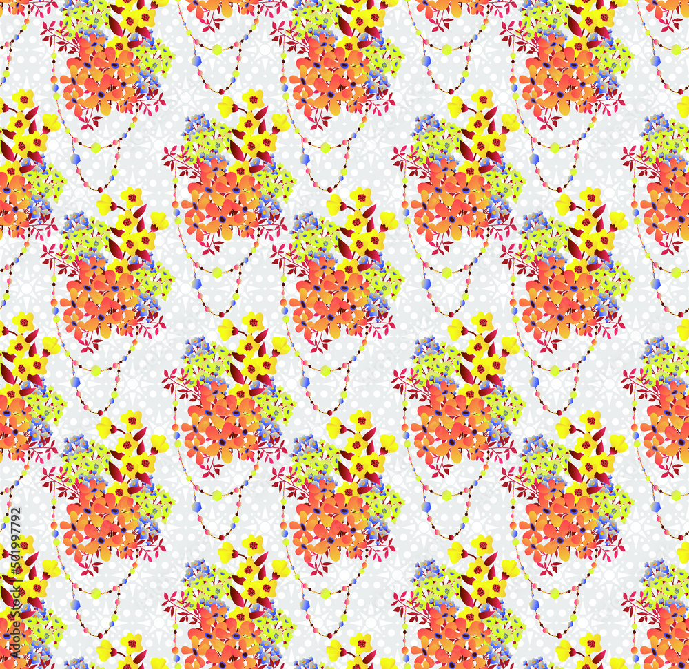 Cute and feminine seamless pattern with small flowers and embellishments made of beads and geometric shapes. Great print for trendy fabrics Cute and feminine seamless pattern with small flowers and embellishments made of beads and geometric shapes. Great print for trendy fabrics