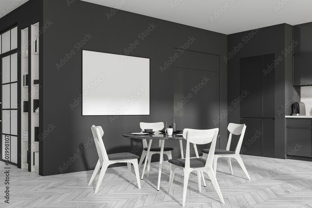 Corner view on dark kitchen interior with empty white poster Corner view on dark kitchen interior with empty white poster