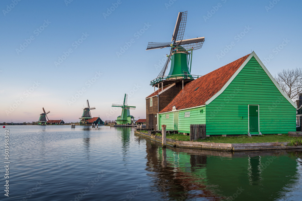 Historical buildings and windmills in Zaanse Schans, Netherlands