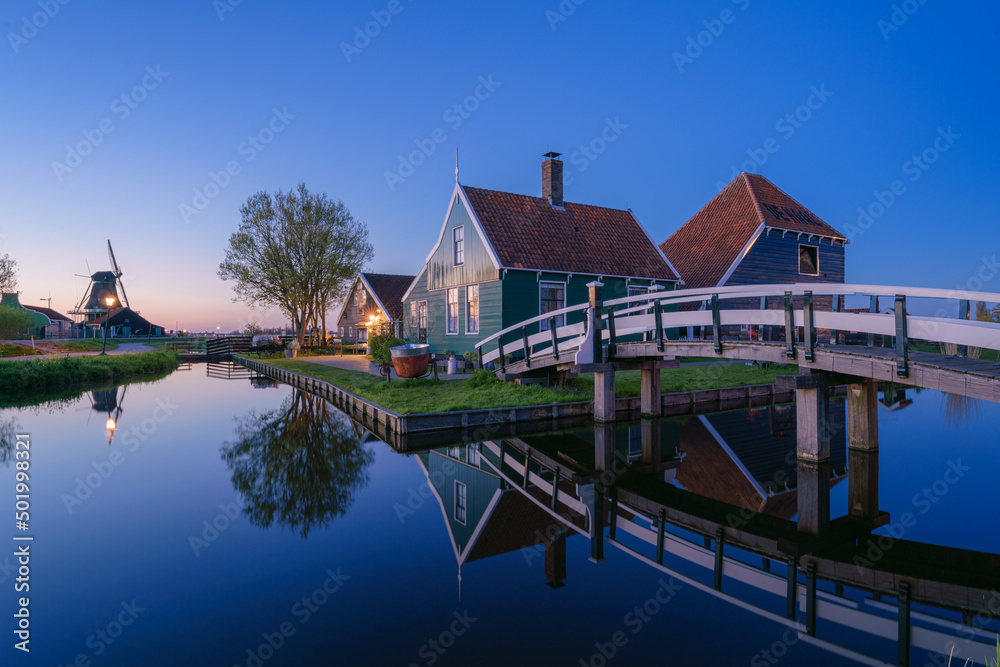 Historical buildings and windmills in Zaanse Schans, Netherlands