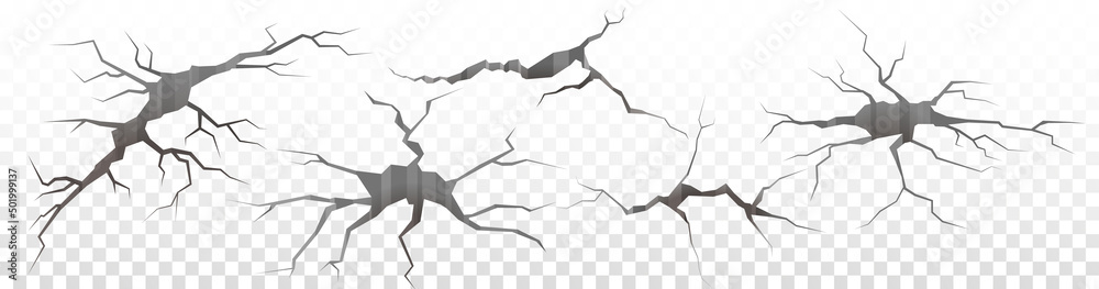 Surface cracks and fissures in ground, concrete, crevices from disaster top view. Realistic 3D holes in ground. Breaks on land surface from earthquake isolated on white background. Broken ground, wall - obrazy, fototapety, plakaty 