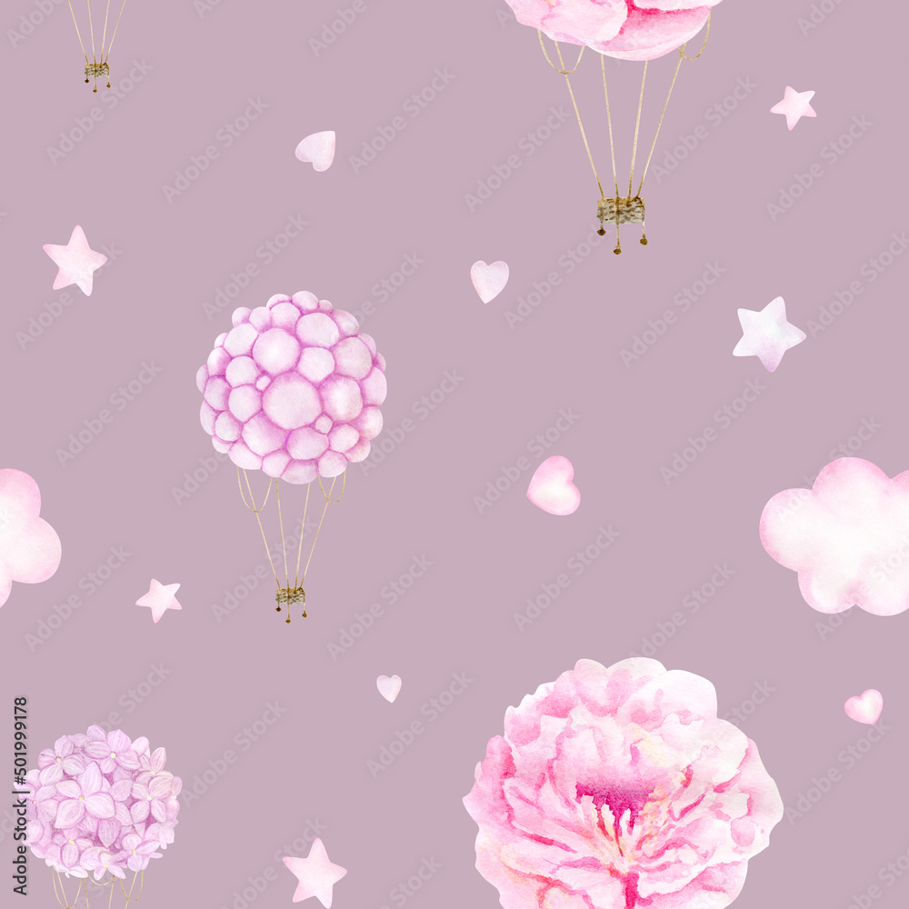 Watercolor baby seamless pattern with pink hot air balloon flowers, clouds and stars