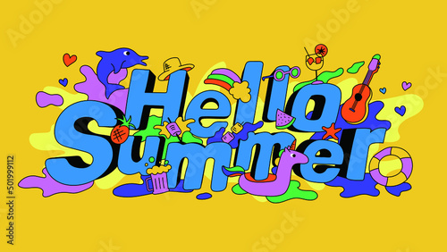 hello summer hand drawn with cartoon style illustration