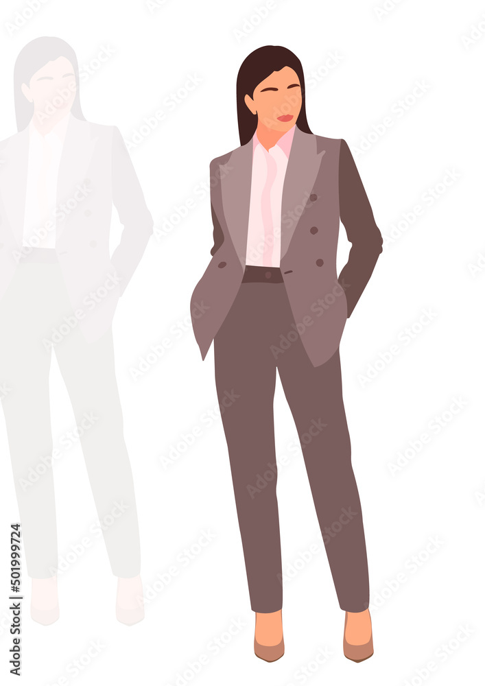 Young slim stylish girl in fashionable suit standing. Isometric flat style. Young slim stylish girl in fashionable suit standing. Isometric flat style.