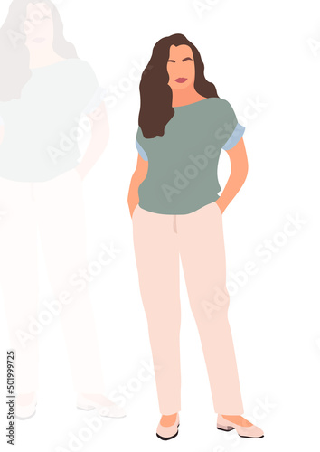 Young slim stylish girl in fashionable suit standing. Isometric flat style.