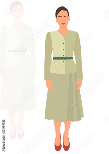 Young slim stylish girl in fashionable suit standing. Isometric flat style.