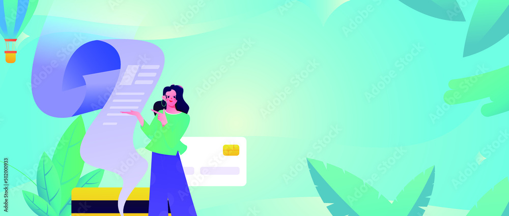 Flat vector concept illustration of people looking at credit card bills

