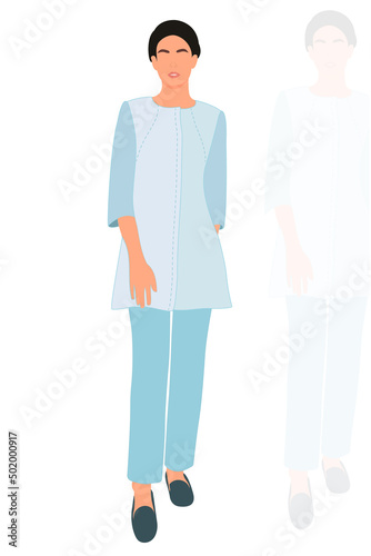 Young slim stylish girl in fashionable suit standing. Adult grown model. Isometric flat style.