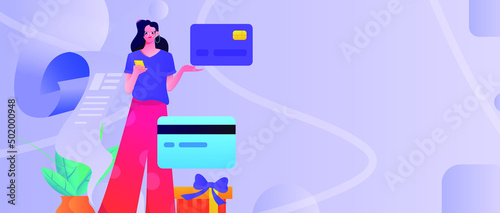 Flat vector concept illustration of people looking at credit card bills
