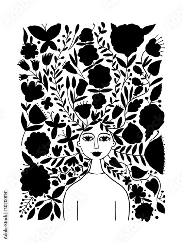 Floral female portrait, pretty woman with floral hairs. Design for fashion ca...
