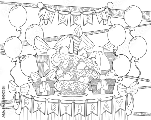 Happy birthday coloring page. Coloring poster in doodle style.