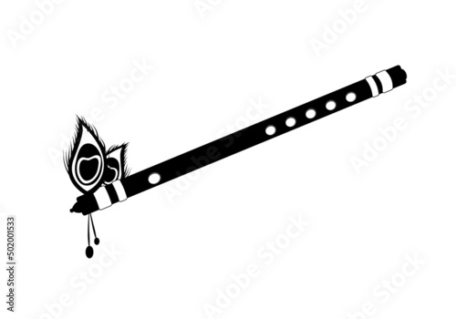 Beautiful wooden flute with peacock feathers vector isolated. Lord Krishna flute. Air blow musical instrument. 