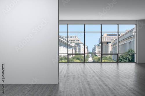 Empty room Interior View to Cityscape Washington City Skyline Window background. Beautiful Real Estate. White mockup wall. Day time. 3d rendering.