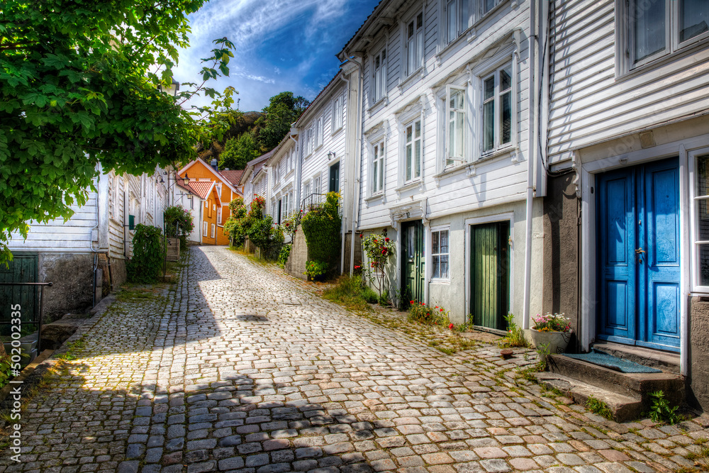 Beautiful Cobbled Street in the Southern Norwegian Town Mandal