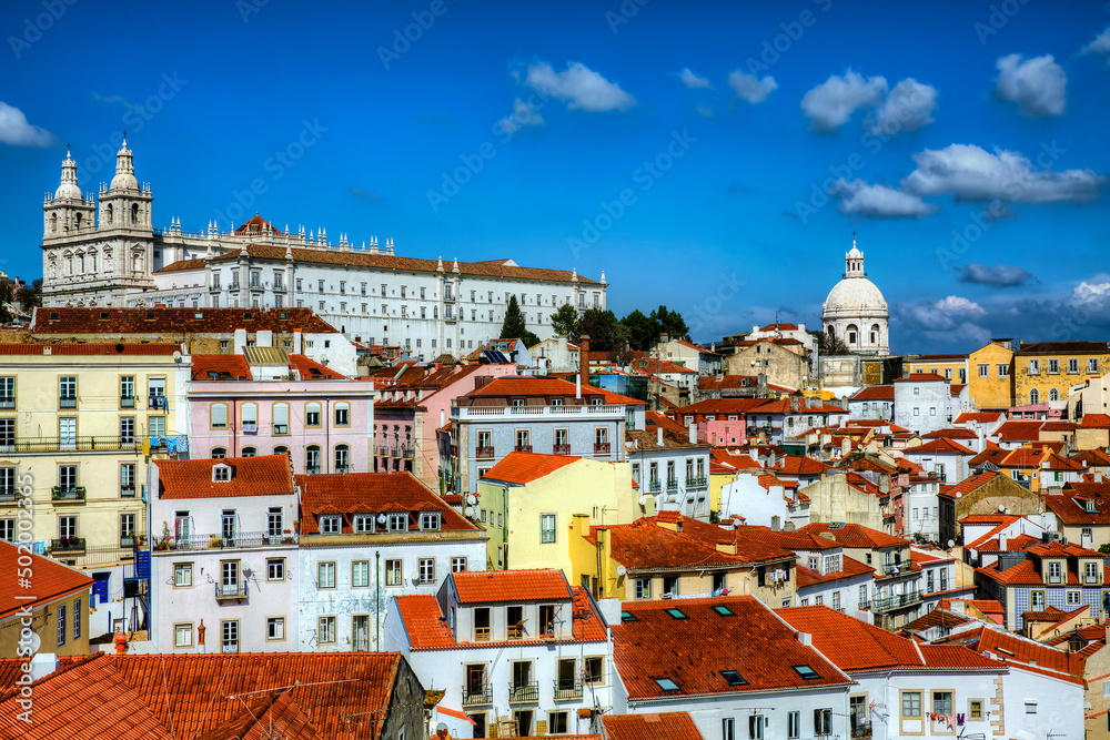Buildings in Alfama, Lisbon, Portugal, with the Monastery of Sao Vicente de Fora
