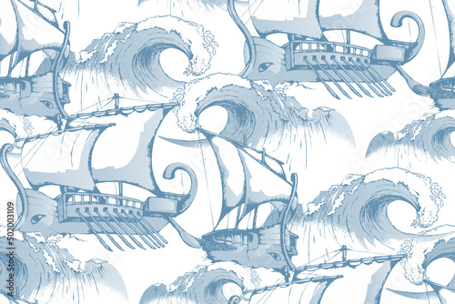 Antique ships and waves. Seamless abstract pattern. In style Toile de Jou. Suitable for fabric, mural, wrapping paper and the like