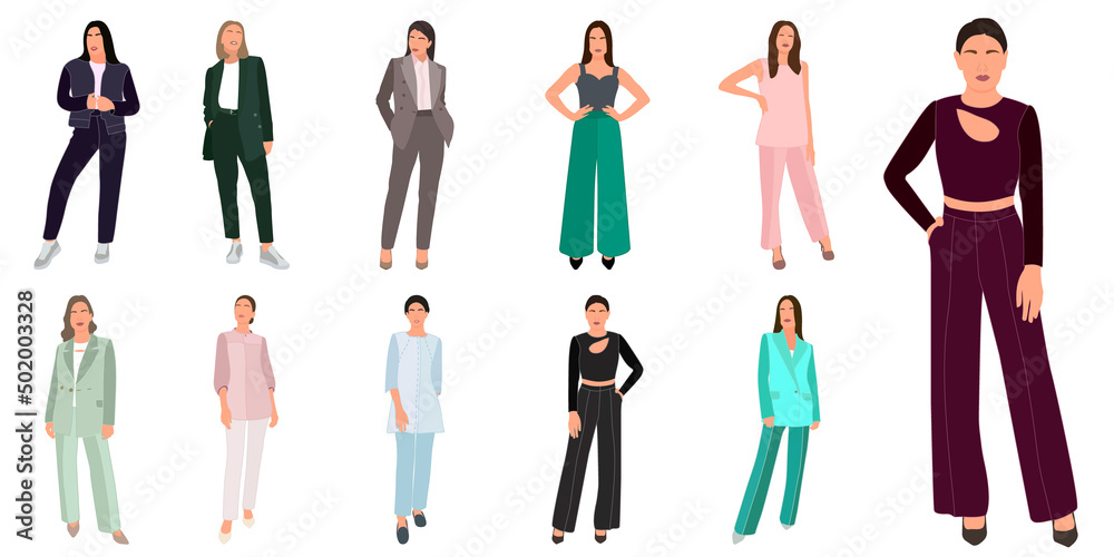  Set of a slender girl in a business suit standing. Adult model. Vector isolated