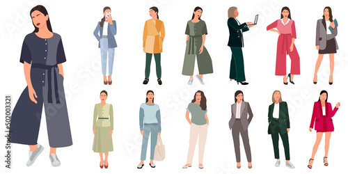  Set of a slender girl in a business suit standing. Adult model. Vector isolated