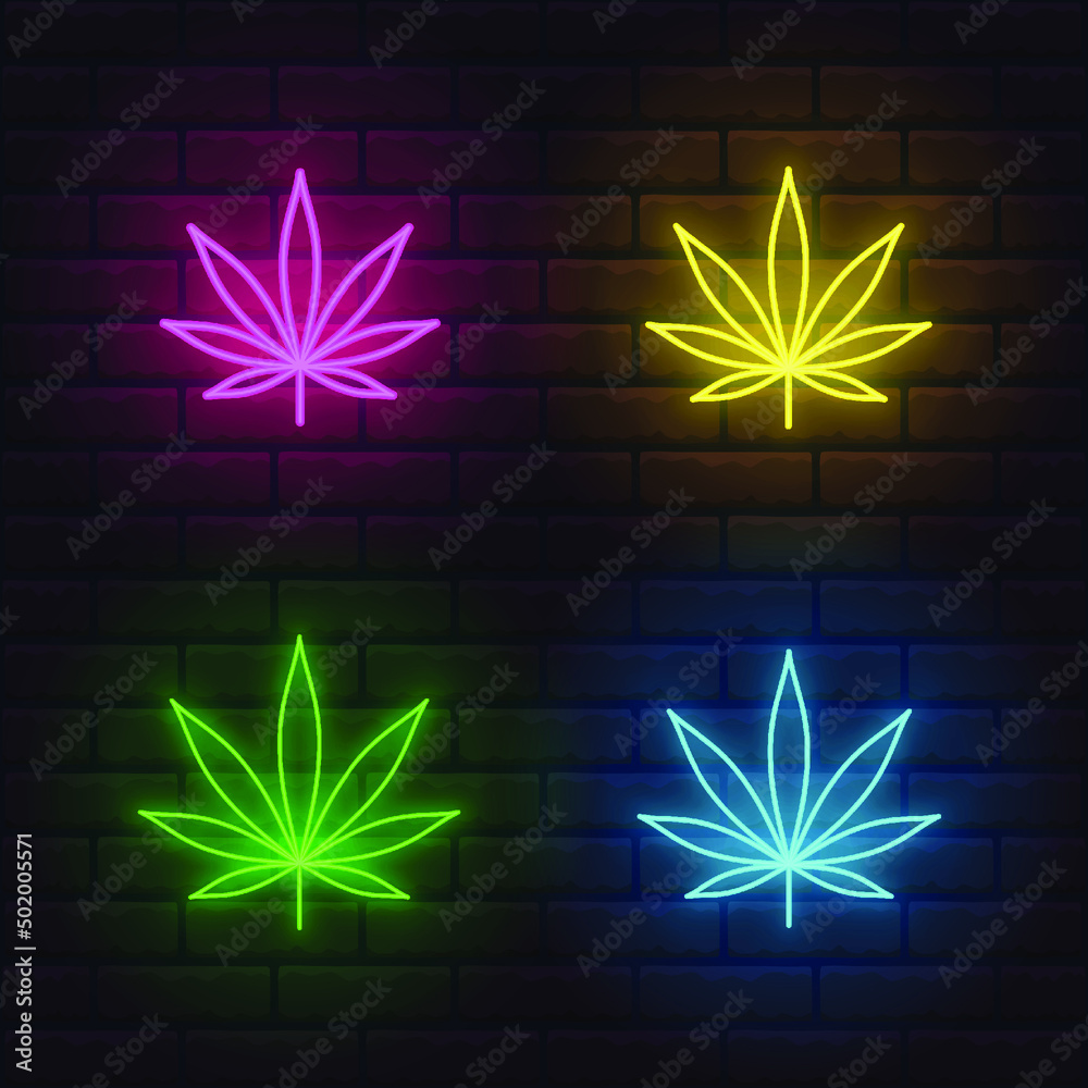 Collection of colorful bright neon weed leaf icons. Editable color and
