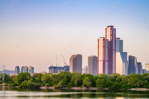 Skyscrapers in Yeouido  Han River  Seoul  taken in the morning