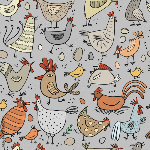 Funny farm birds family. Chicken and Rooster characters. Seamless pattern bac...