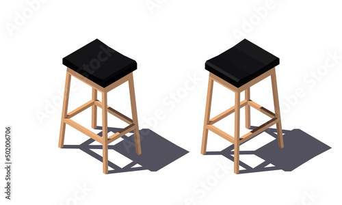 Isometric low poly black bar chair with wooden legs. Vector illustration