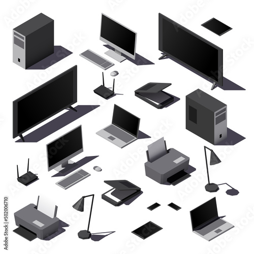 Set of isometric low poly electronic devices. Vector illustration