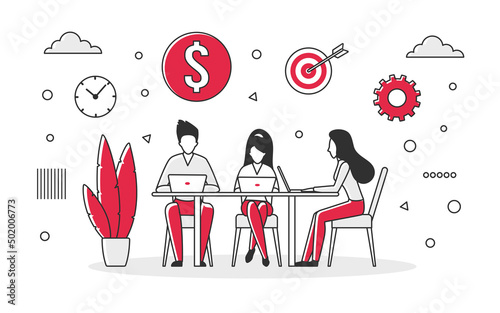 Business collaborative team achieving common goals. Teamwork ability and work productivity vector monocolor illustration