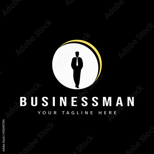 An inspiration for a successful entrepreneur logo design. Young successful businessman silhouette logo design inspiration with circle frame