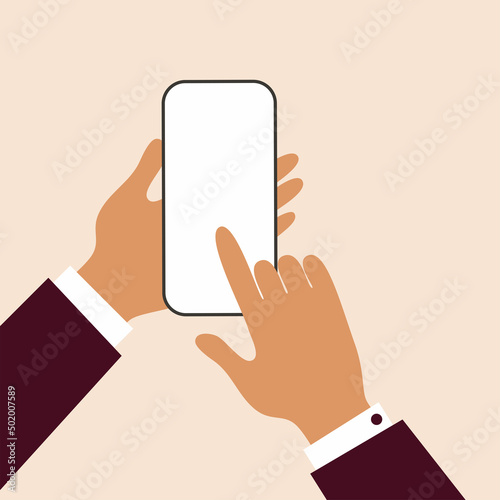 mobile phone in businessman hands, person touching screen with finger, flat vector illustration
