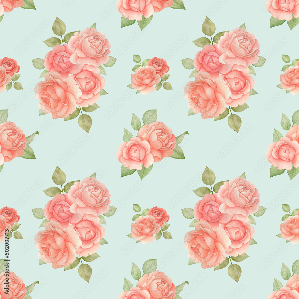 Botanical floral seamless pattern with Roses and Leaves. Watercolor romatic flowers on a Blue background. Good for invitation, wedding or greeting cards, textiles, wrapping paper. Vintage style
