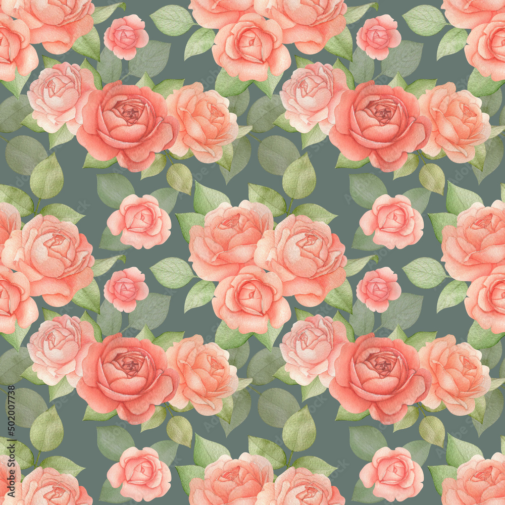 Botanical floral seamless pattern with Roses and Leaves. Watercolor romatic flowers on a Blue background. Good for invitation, wedding or greeting cards, textiles, wrapping paper. Vintage style
