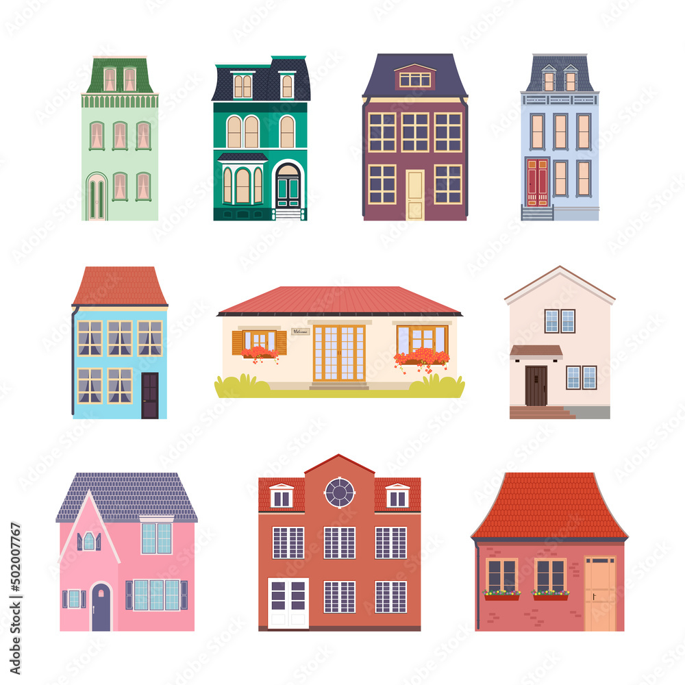 Set of different houses. Town and seaside buildings flat design. Collection of vintage and Victorian houses, stores isolated on white background. Vector illustration.