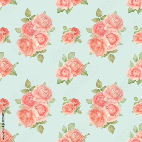 Botanical floral seamless pattern with Roses and Leaves. Watercolor romatic flowers on a Blue background. Good for invitation, wedding or greeting cards, textiles, wrapping paper. Vintage style 