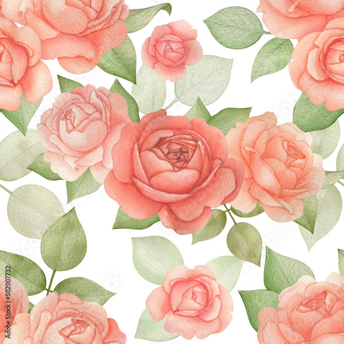 Botanical floral seamless pattern with Roses and Leaves. Watercolor romatic flowers on a White background. Good for invitation, wedding or greeting cards, textiles, wrapping paper. Vintage style
