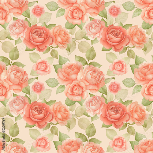 Botanical floral seamless pattern with Roses and Leaves. Watercolor rural romatic flowers on yellow background. Good for invitation, wedding or greeting cards, textiles, wrapping paper. Vintage style
