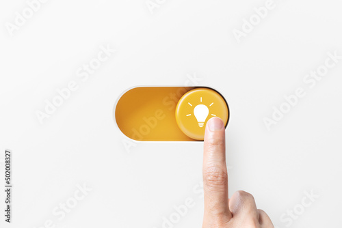 On and off toggle switch buttons with idea light bulb icon, Creative and idea sign, solution, thinking concept. Turn on sign of innovation and success, 3D rendering.
