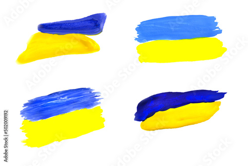 Collection of Flags of Ukraine painted with gouache paints and isolated on white background.