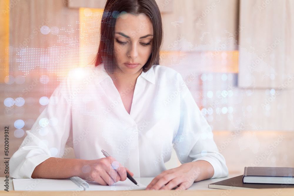 Portrait of businesswoman in formal wear working with documents and looking for employees to hire new candidates for international business consulting. HR, social media icons over office background Portrait of businesswoman in formal wear working with documents and looking for employees to hire new candidates for international business consulting. HR, social media icons over office background