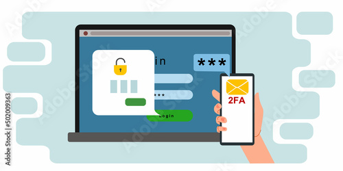 The concept of two-factor authentication security. Notification of login confirmation with a message to the phone. Smartphone in hand. Lock icons in the laptop account. Vector illustration