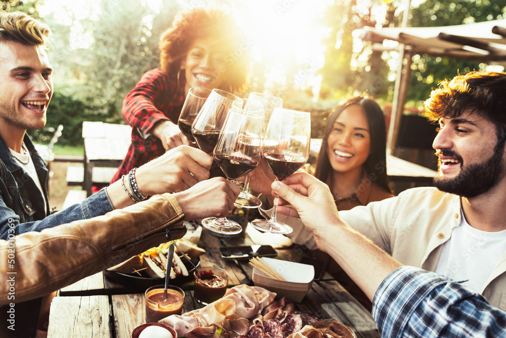 Group of friends having fun at bbq dinner in garden restaurant - Multiracial people cheering red wine sitting outside at bar table - Social gathering, youth and beverage lifestyle concept - obrazy, fototapety, plakaty 