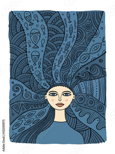 Floral female portrait, pretty woman with art hairstyle. Mermaid girl. Design for fashion cards, banners, posters