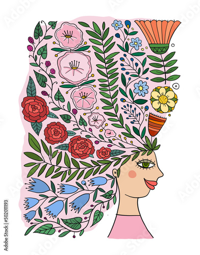 Floral female portrait, pretty woman with floral hairs. Design for fashion cards, banners, posters