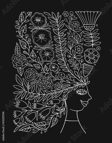Floral female portrait, pretty woman with floral hairs. Design for fashion ca...