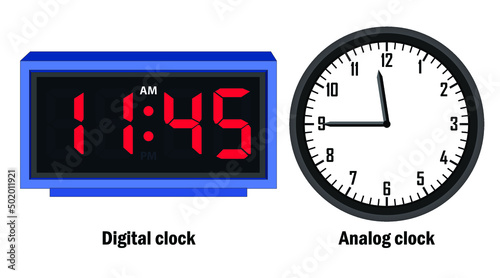 digital clock and analog clock, isolated on black time 11:45 A.M