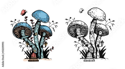 blue mushroom vector coloring sketch. fantastic mushroom vector coloring book. blue mushroom vector doodles. fantasy mushrooms vector graphics. fabulous blue mushroom vector doodles.
