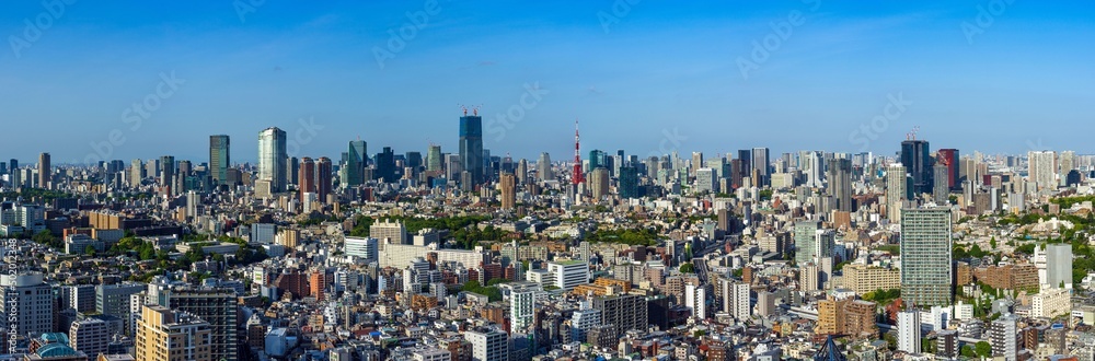 Ultra wide banner image of Tokyo city view at daytime.