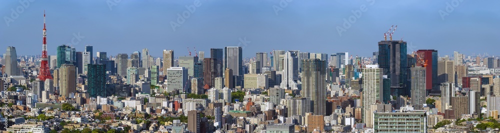 Ultra wide banner image of Tokyo city view with Tokyo Tower at daytime.