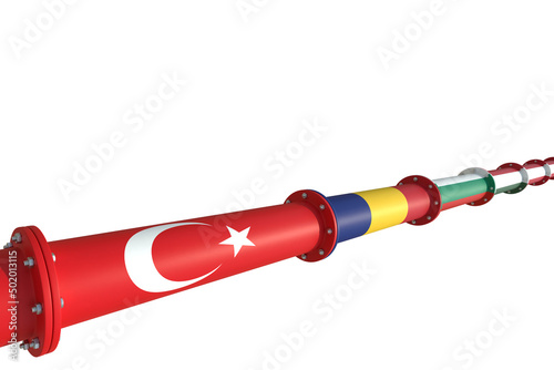 Conceptual representation of the Nabucco gas pipeline connecting Turkey, Bulgaria, Romania, Hungary and Austria. 3D illustration. Isolated on a white background. photo