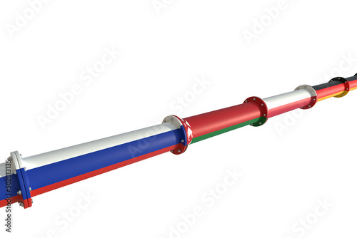 Conceptual representation of a pipeline for transporting combustible hydrocarbons, connecting the Russian Federation, Belarus, Poland and Germany. 3D illustration. Isolated on a white background.